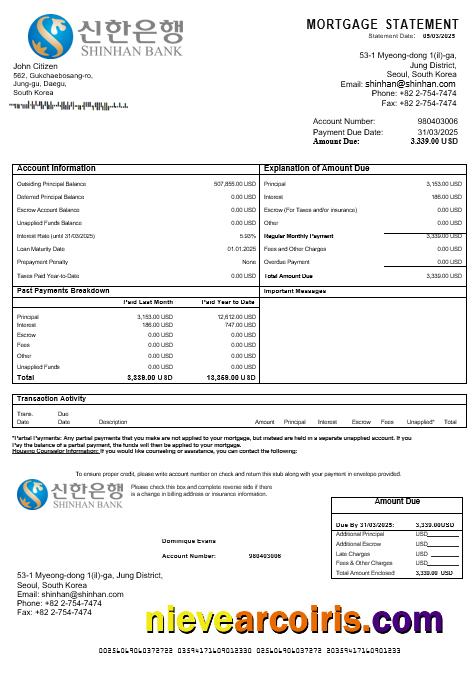 South Korea Shinhan bank mortgage statement